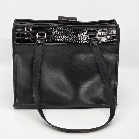 Vintage Brighton Blue Denim & Black Croc Embossed Leather Tote Bag Silver Hardwa - Picture 3 of 5